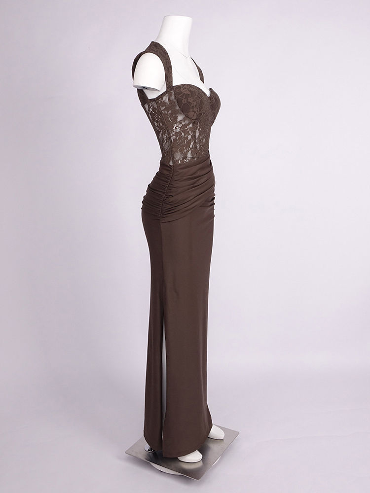 TWOTWINSTYLE Sleeveles Spliced Lace Ruched Side Split Vintage Dress