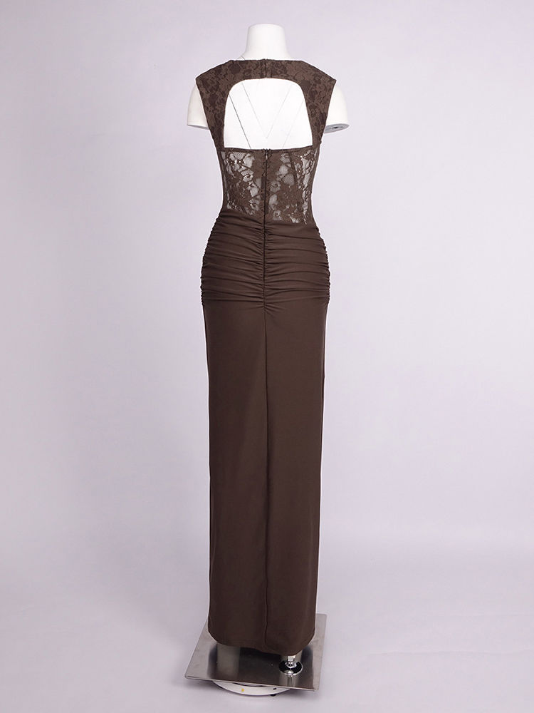 TWOTWINSTYLE Sleeveles Spliced Lace Ruched Side Split Vintage Dress