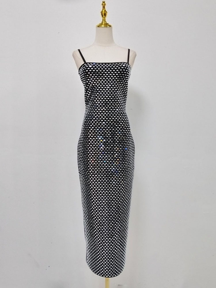 TWOTWINSTYLE Solid Patchwork Diamond High Waist Vintage Dress