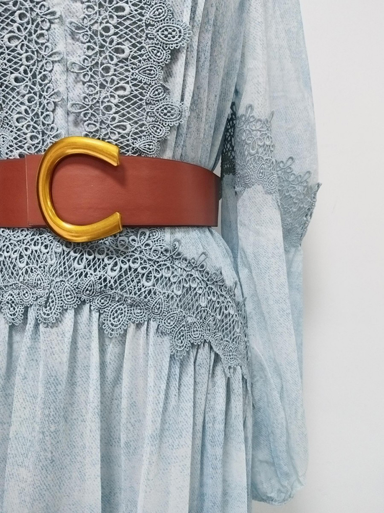 TWOTWINSTYLE V Neck Long Sleeve Spliced Belt Vintage Dress