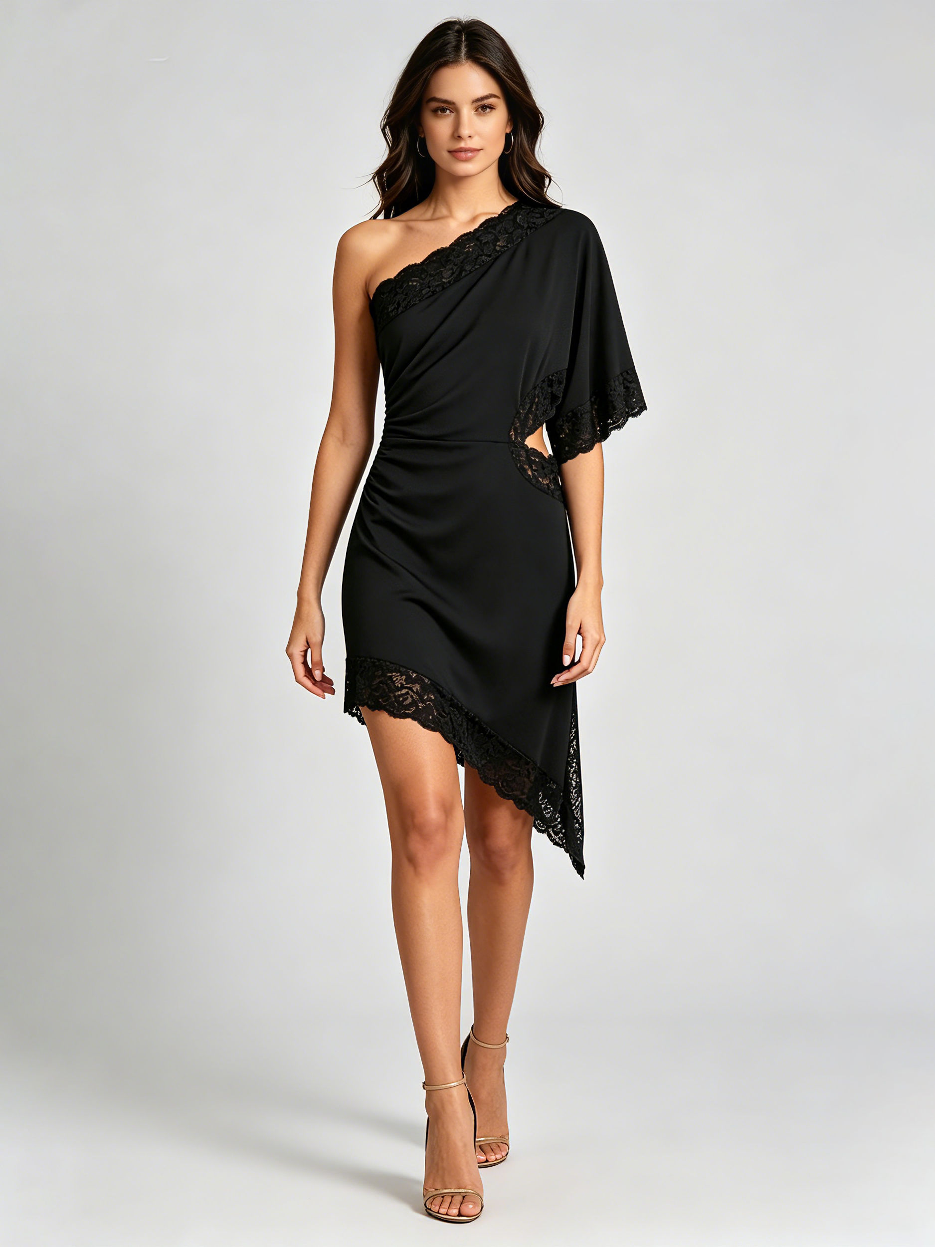 TWOTWINSTYLE Off One Shoulder Hollowed Out Patchwork Lace Fashion Dress