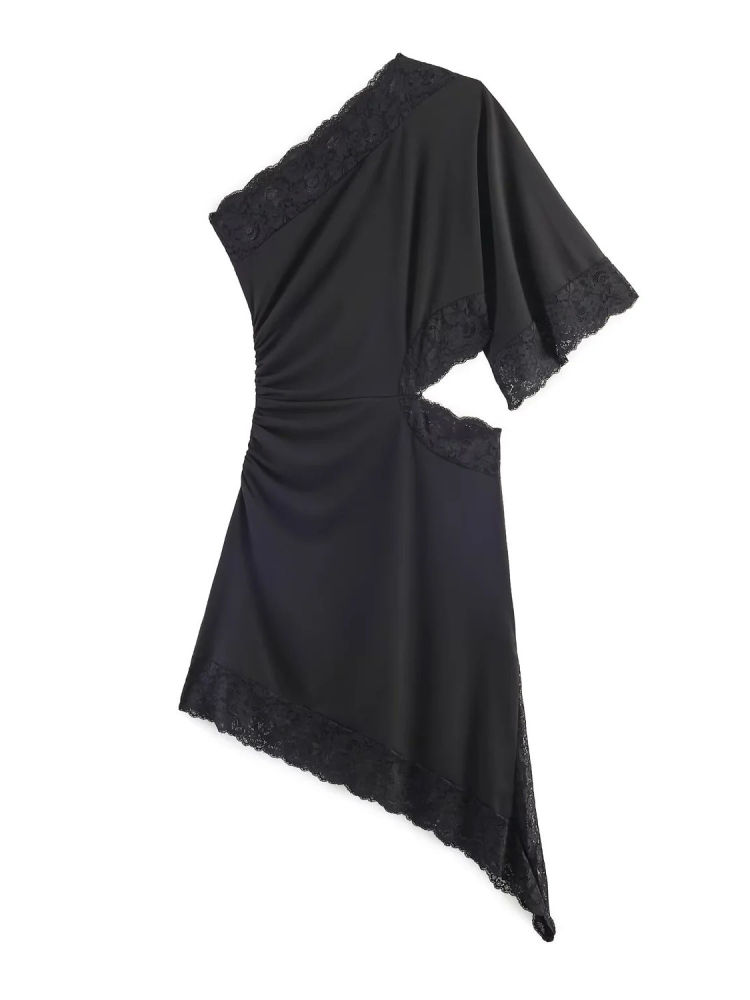 TWOTWINSTYLE Off One Shoulder Hollowed Out Patchwork Lace Fashion Dress