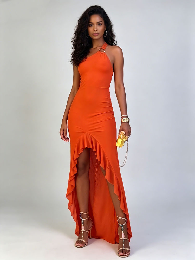 TWOTWINSTYLE Off Shoulder Spliced Ruffles Asymmetrical Hem Fashion Dress