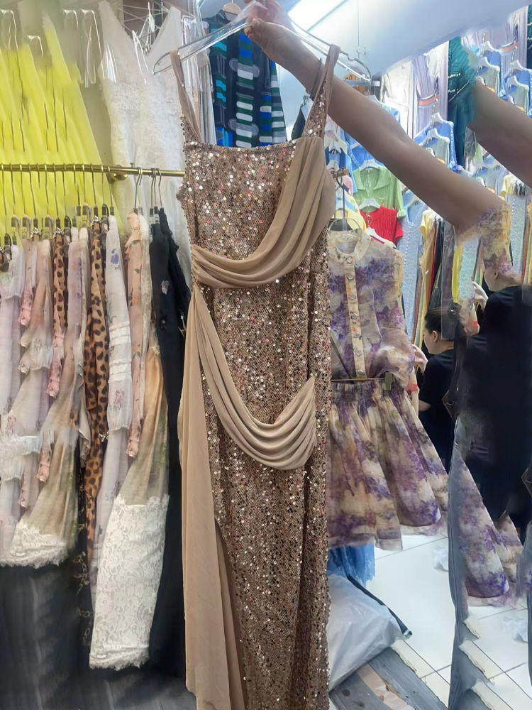 TWOTWINSTYLE Patchwork Sequins Mesh Side Split Chic Dress