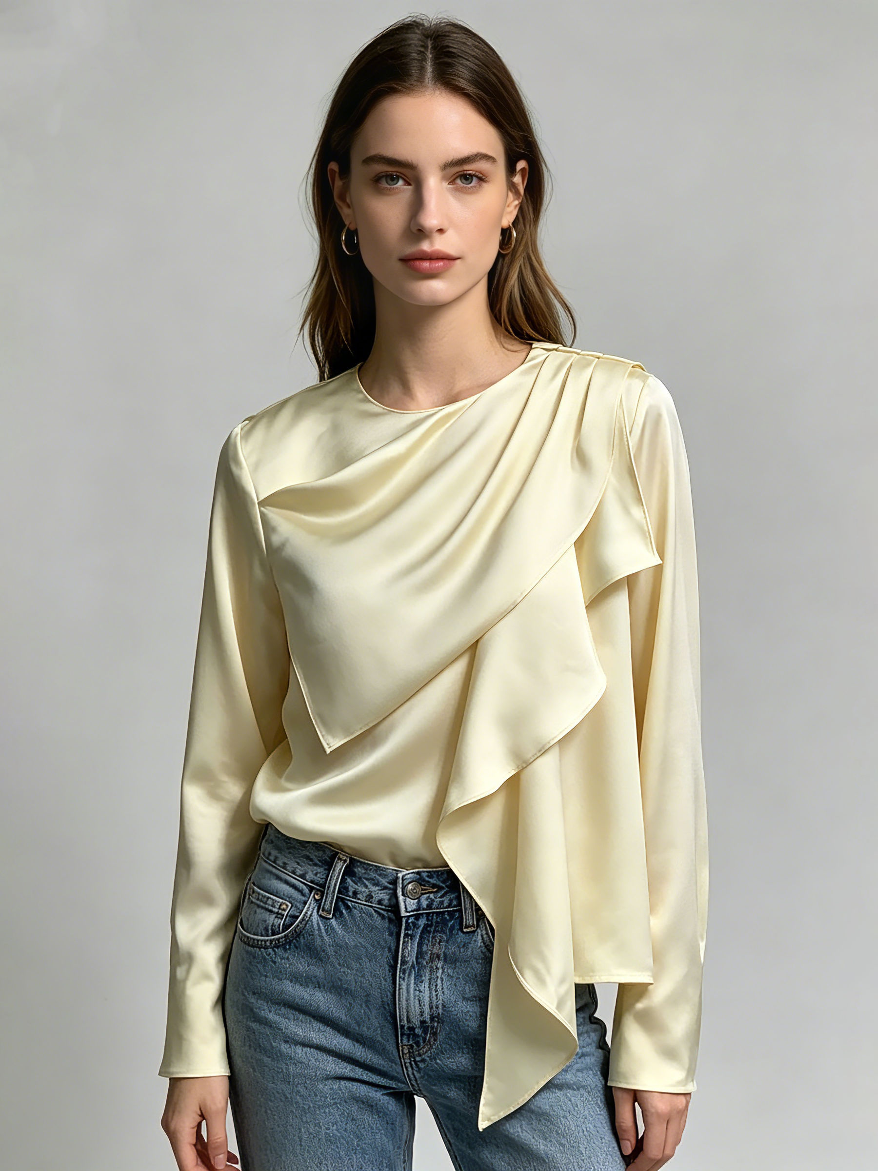 TWOTWINSTYLE Round Neck Long Sleeve Irregular Ribbon Casual Shirt
