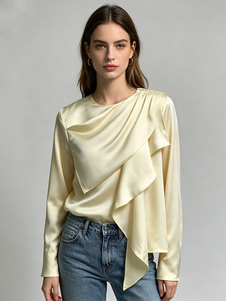 TWOTWINSTYLE Round Neck Long Sleeve Irregular Ribbon Casual Shirt