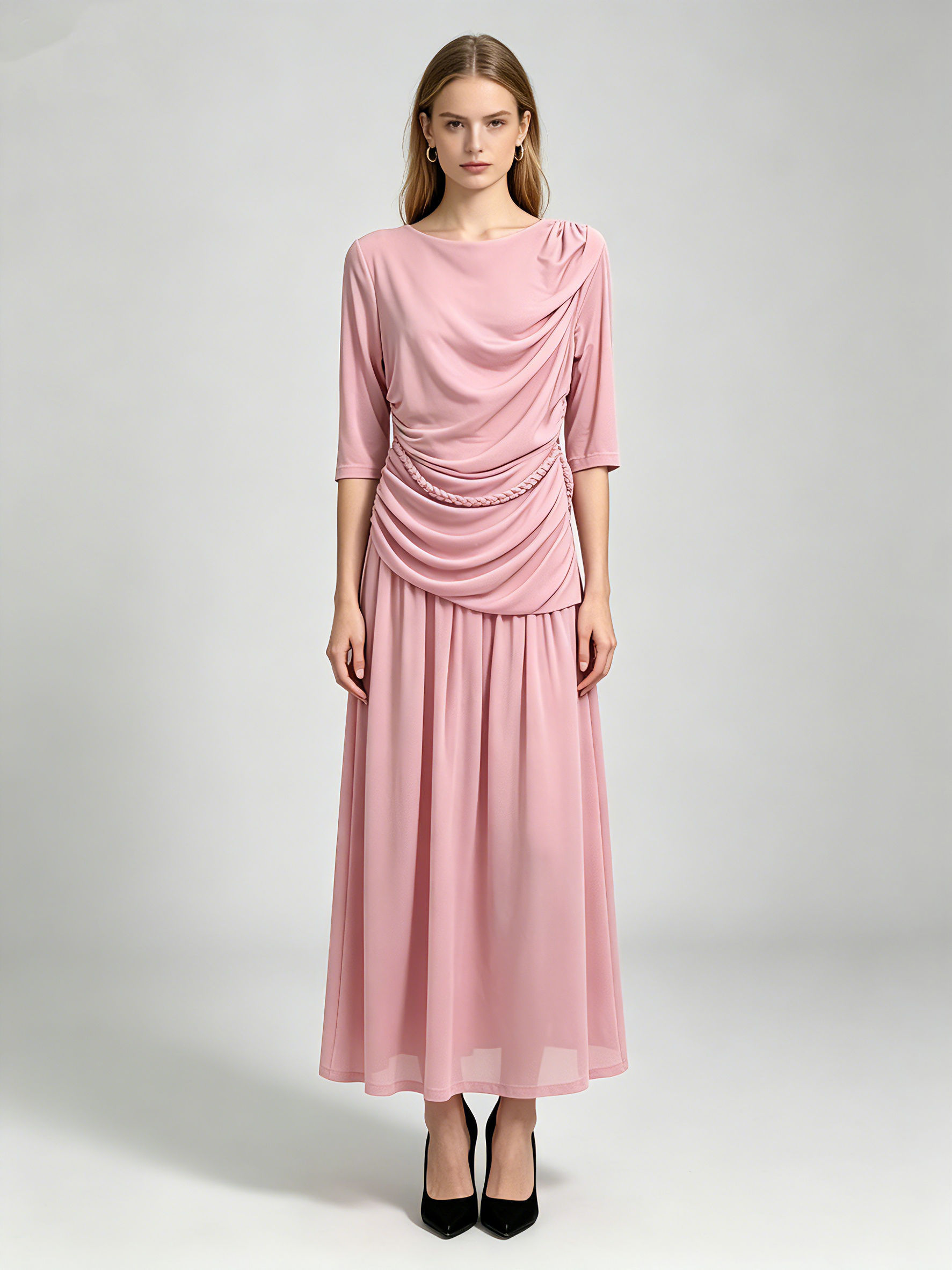 TWOTWINSTYLE Round Neck Pleated Tunic Elegant Dress
