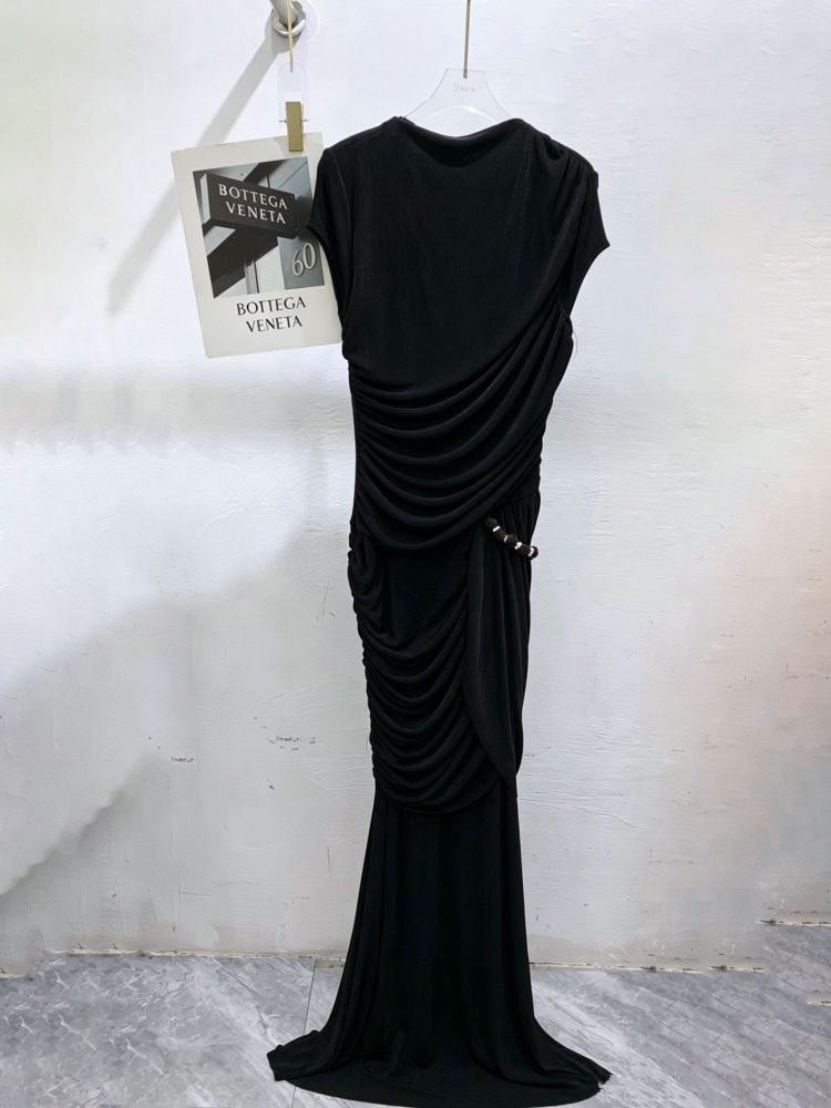TWOTWINSTYLE Solid Round Neck Short Sleeve Ruched Design Dress
