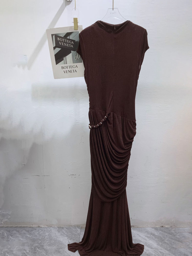 TWOTWINSTYLE Solid Round Neck Short Sleeve Ruched Design Dress