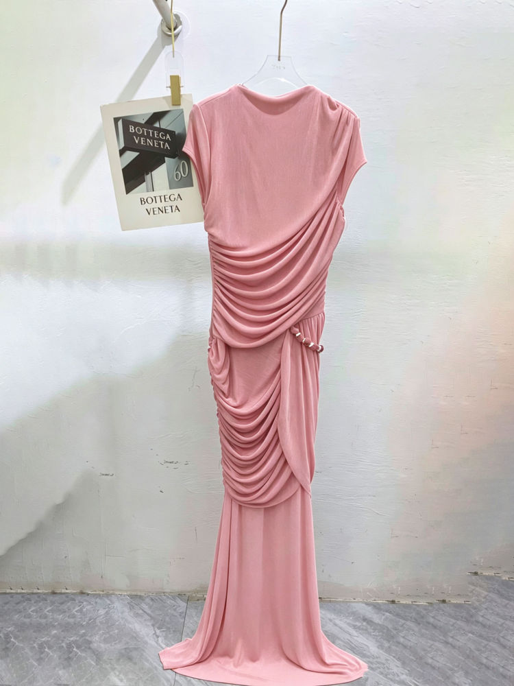 TWOTWINSTYLE Solid Round Neck Short Sleeve Ruched Design Dress