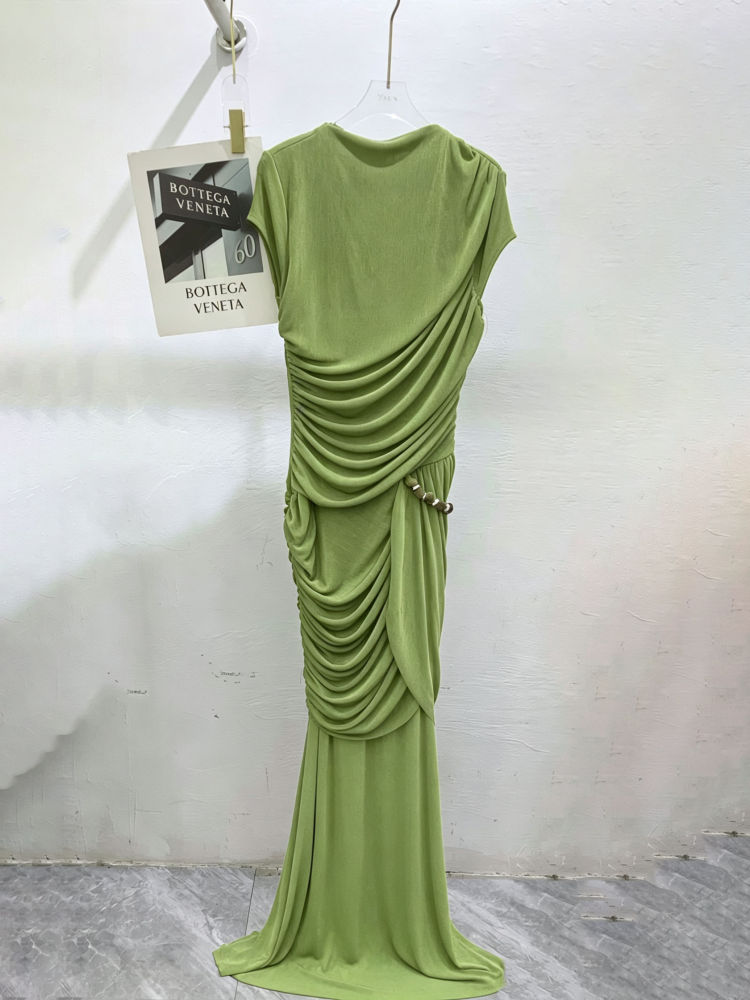 TWOTWINSTYLE Solid Round Neck Short Sleeve Ruched Design Dress