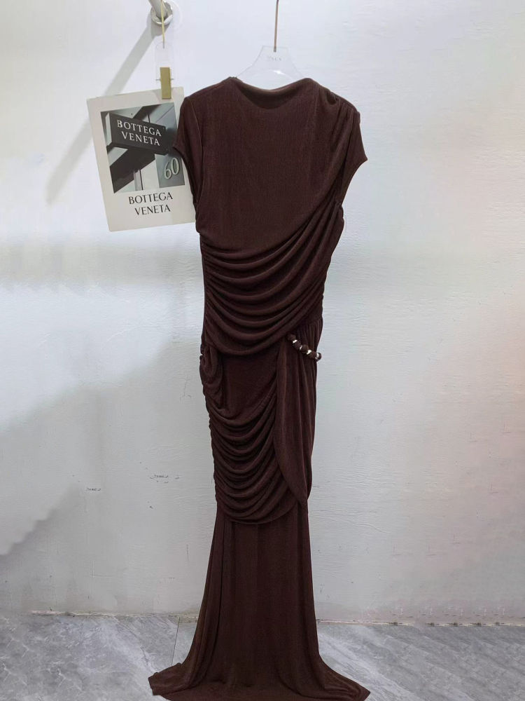 TWOTWINSTYLE Solid Round Neck Short Sleeve Ruched Design Dress