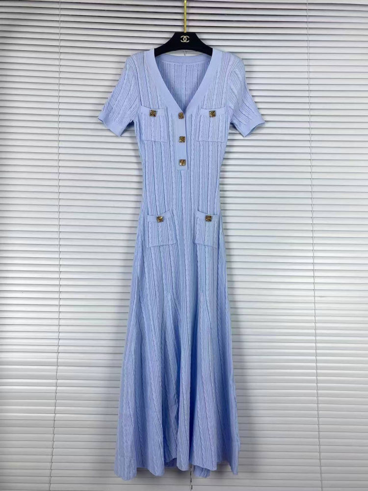 TWOTWINSTYLE Solid V Neck Short Sleeve Spliced Pocket Elegant Dress