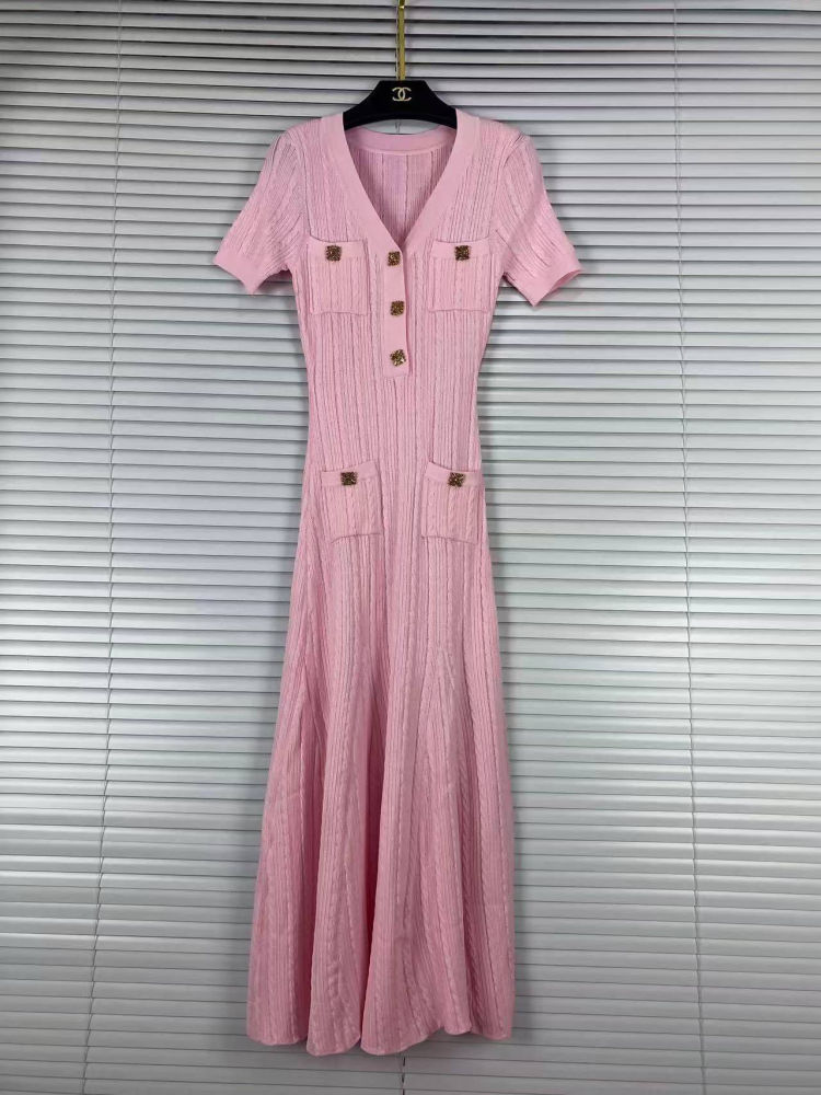 TWOTWINSTYLE Solid V Neck Short Sleeve Spliced Pocket Elegant Dress
