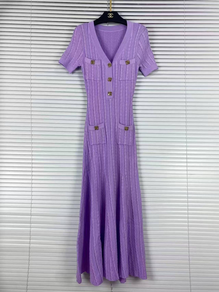 TWOTWINSTYLE Solid V Neck Short Sleeve Spliced Pocket Elegant Dress