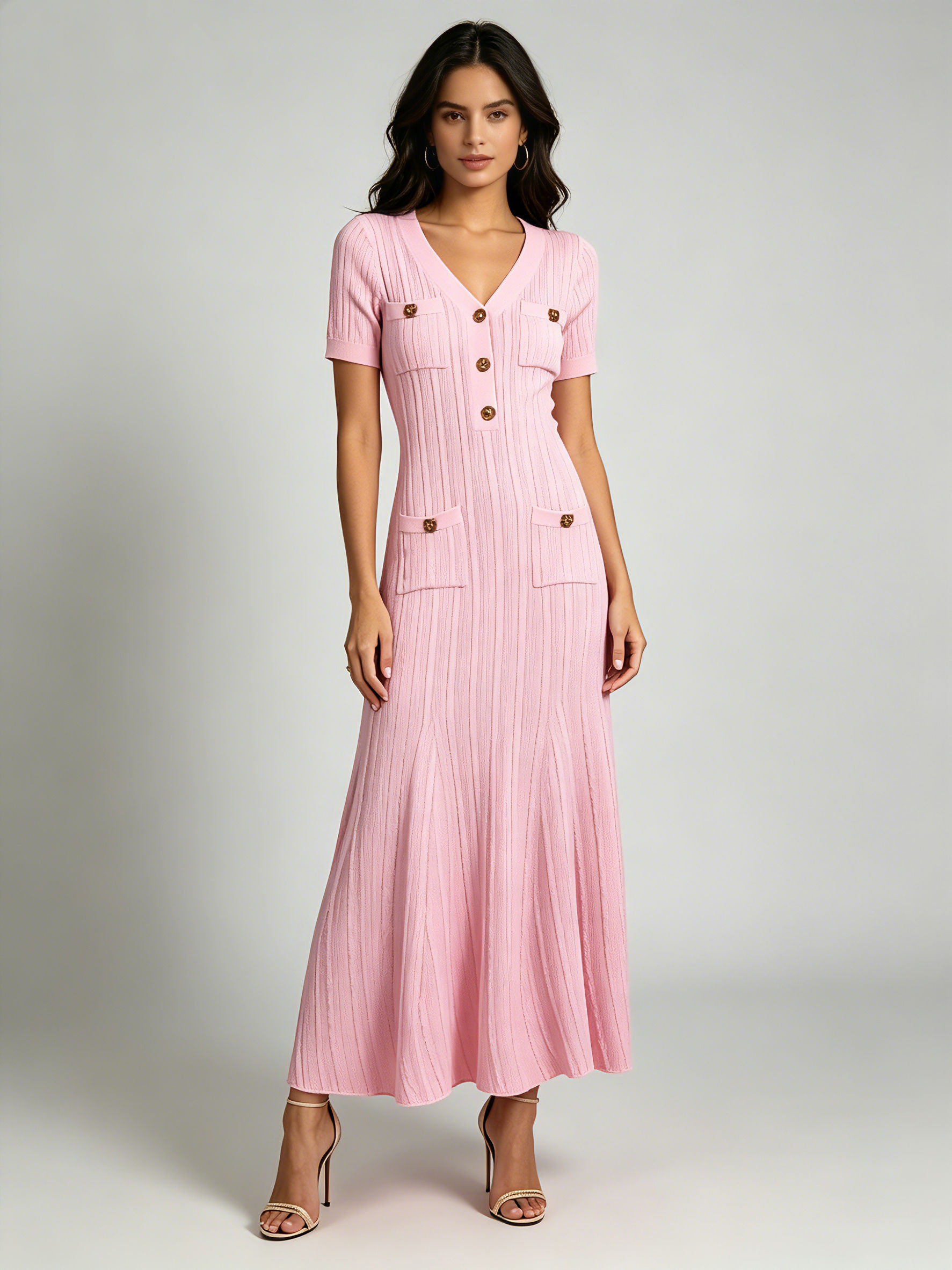 TWOTWINSTYLE Solid V Neck Short Sleeve Spliced Pocket Elegant Dress