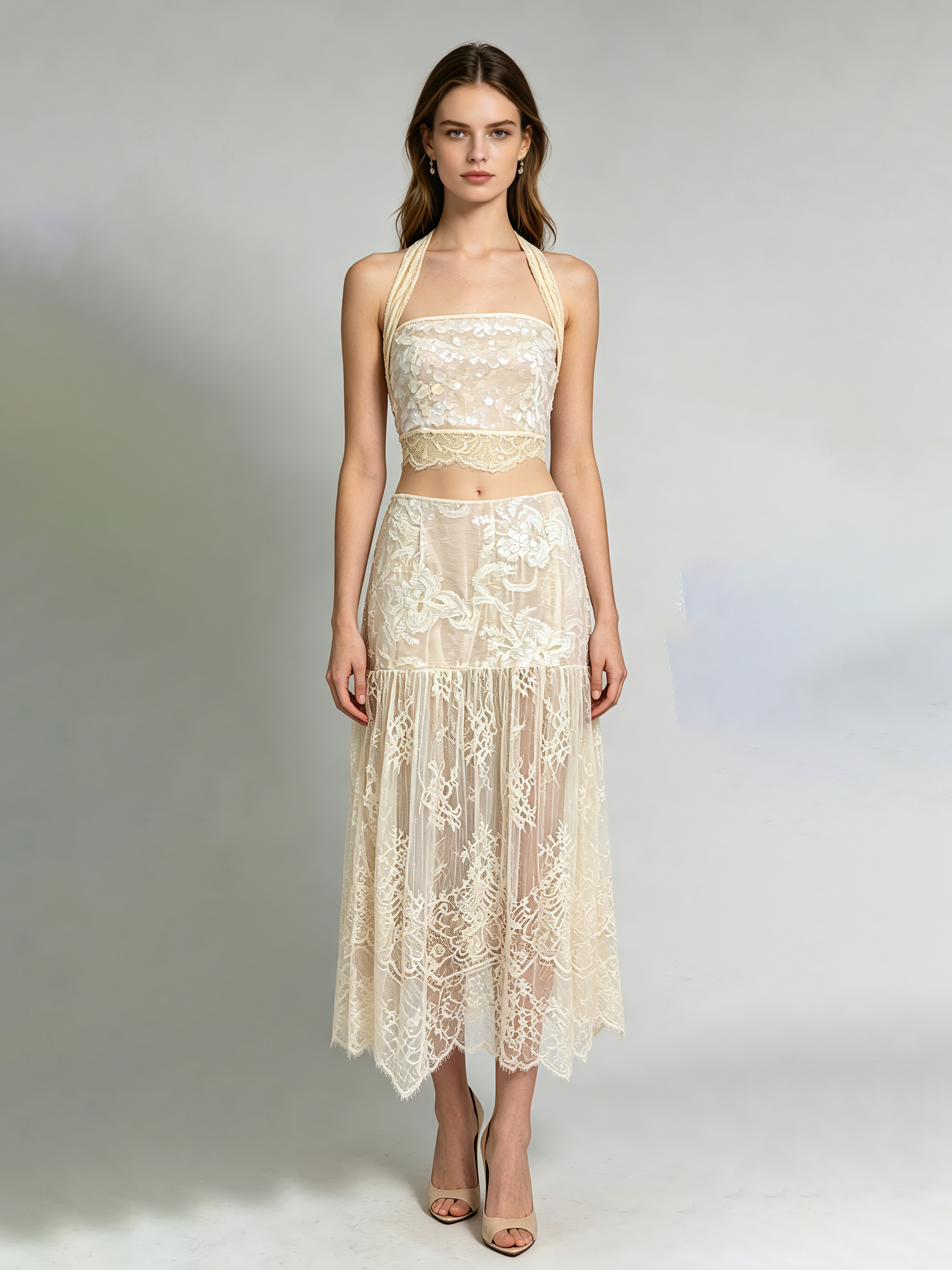 TWOTWINSTYLE Spliced Squins Lace Crop Vest High Waist Patchwork Print Design Set