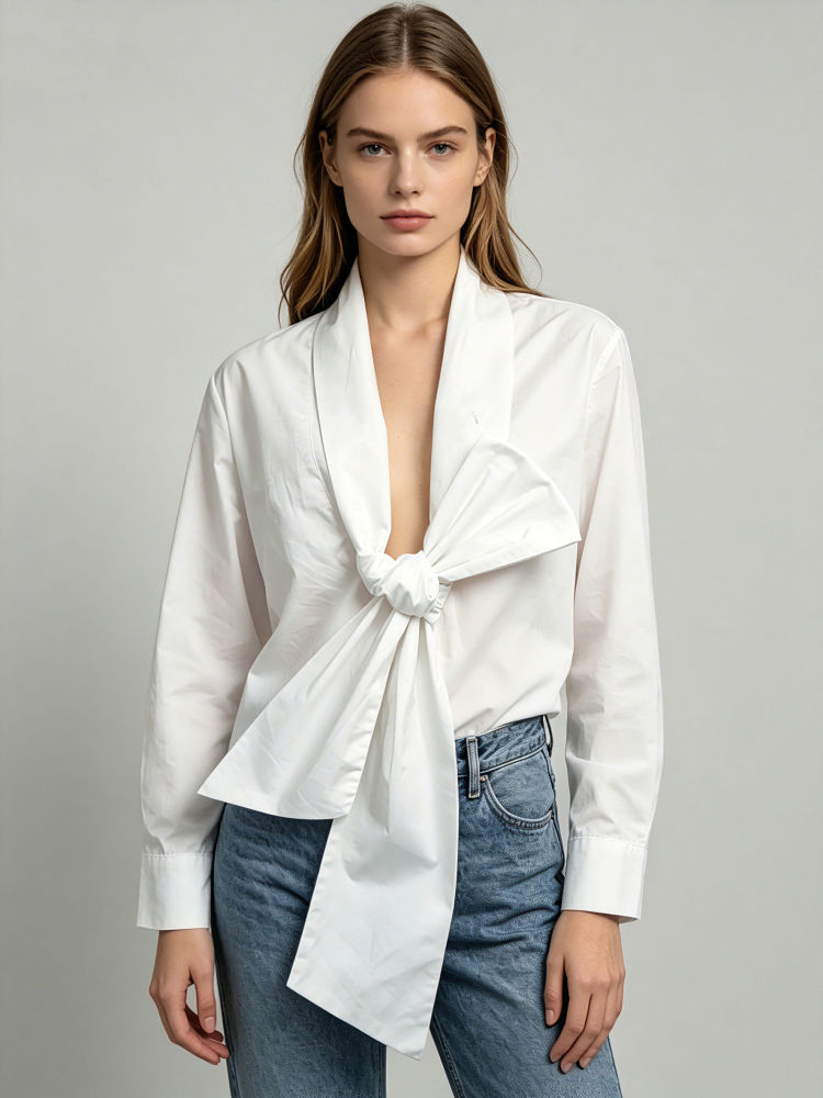 TWOTWINSTYLE Patchwork Bowknot Long Sleeve Temperament Shirt