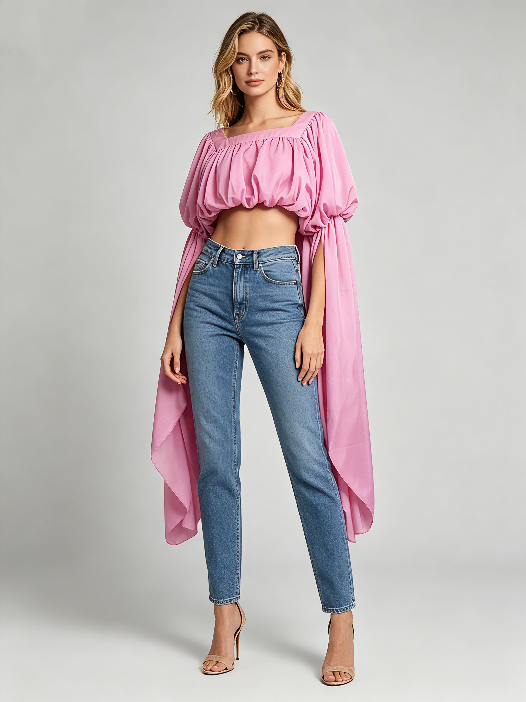 TWOTWINSTYLE Square Neckline Long Sleeve Casual Crop Top