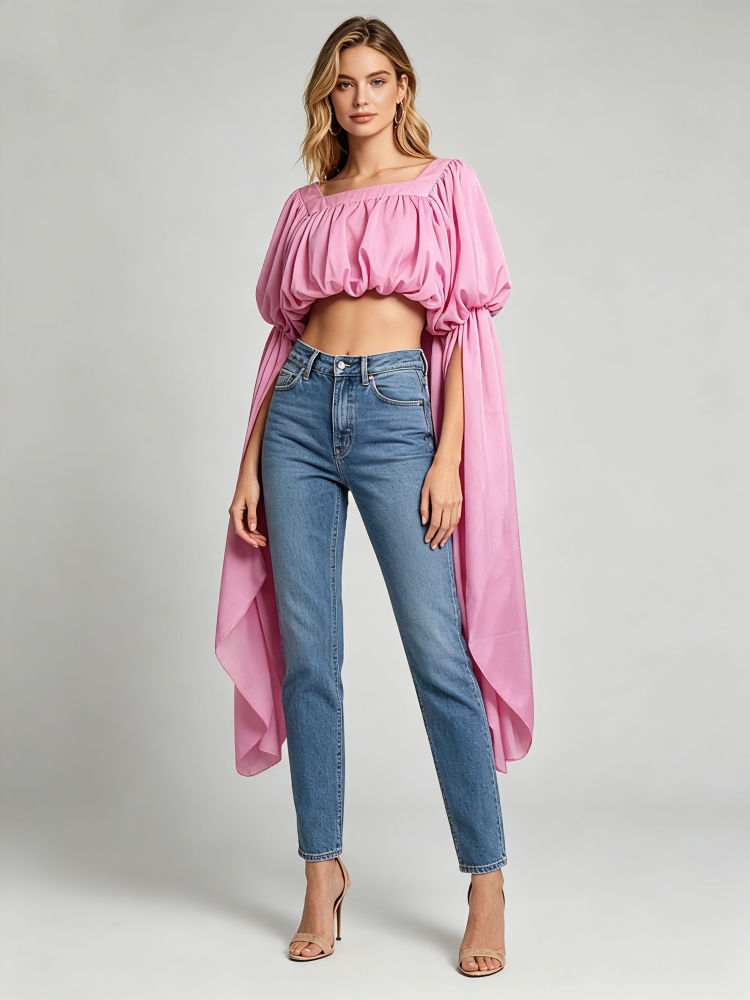 TWOTWINSTYLE Square Neckline Long Sleeve Casual Crop Top