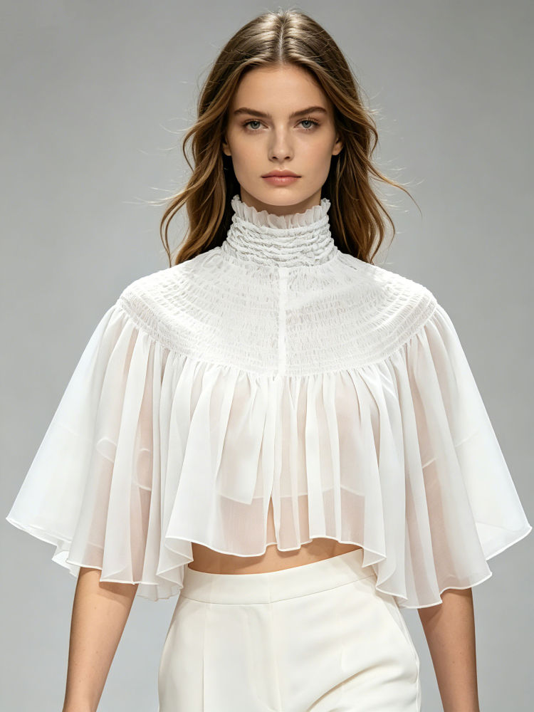 TWOTWINSTYLE Stand Collar Spliced Mesh Sexy Crop Shirt