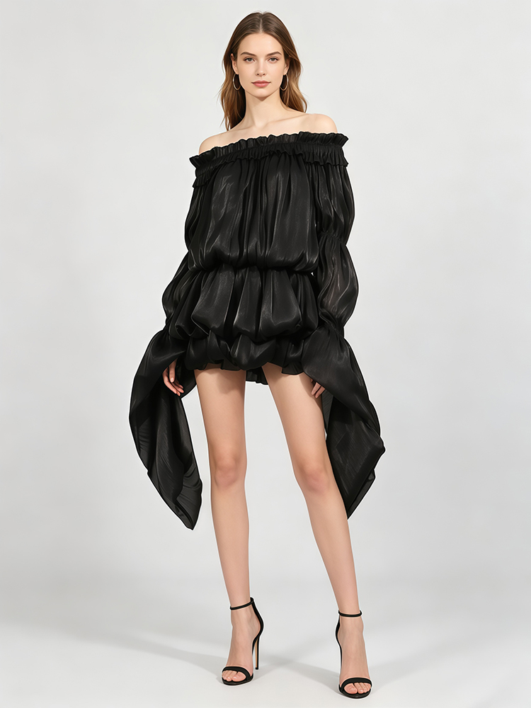 TWOTWINSTYLE Solid Off Shoulder High Waist Designer Dress