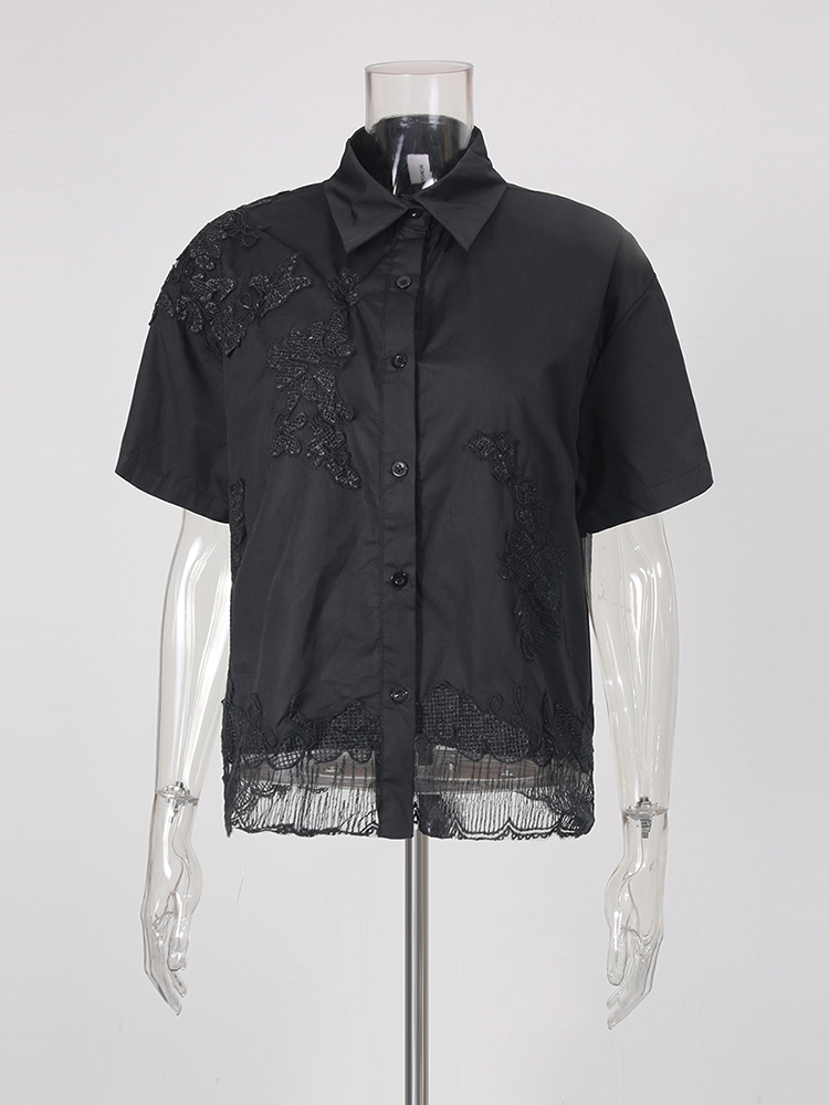 TWOTWINSTYLE Solid Lapel Patchwork Lace Casual Shirt