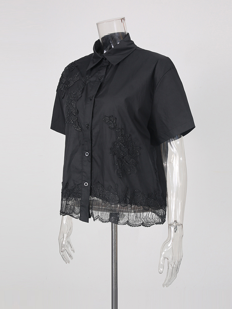 TWOTWINSTYLE Solid Lapel Patchwork Lace Casual Shirt