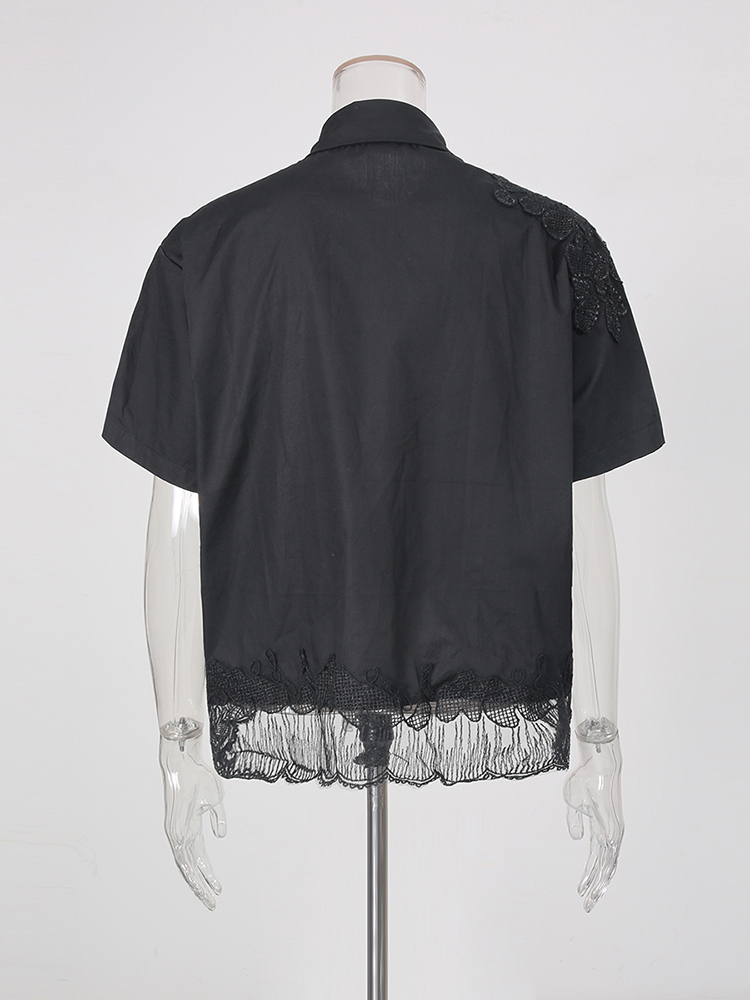TWOTWINSTYLE Solid Lapel Patchwork Lace Casual Shirt