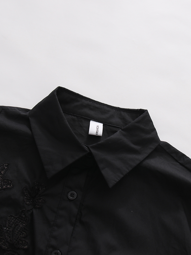 TWOTWINSTYLE Solid Lapel Patchwork Lace Casual Shirt