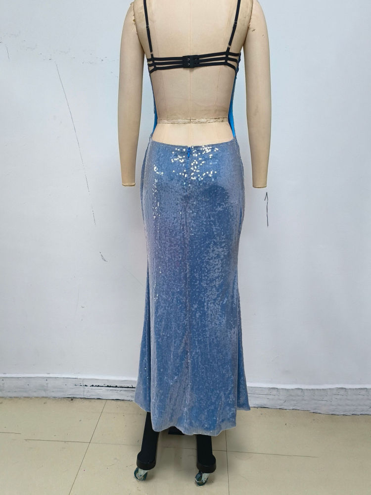 TWOTWINSTYLE Off Shoulder Hit Color Spliced Lace Sequins Fashion Dress