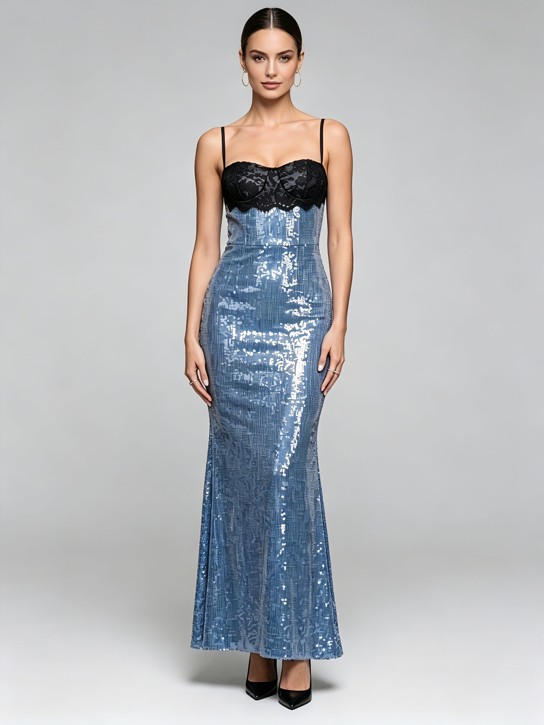 TWOTWINSTYLE Off Shoulder Hit Color Spliced Lace Sequins Fashion Dress