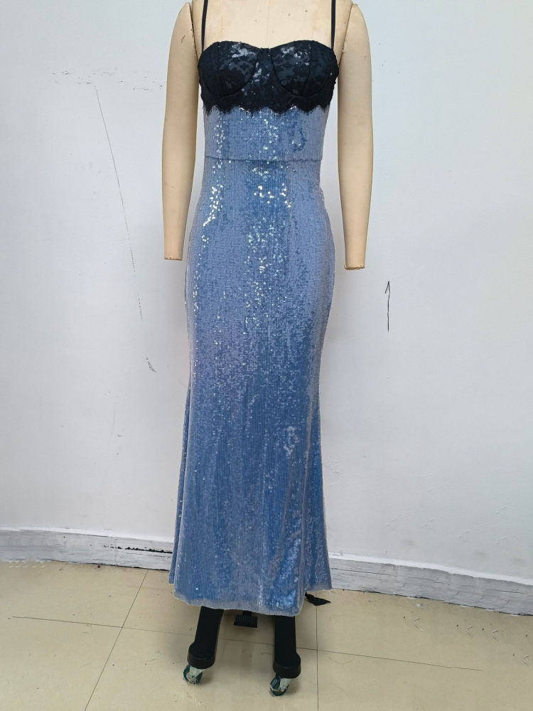 TWOTWINSTYLE Off Shoulder Hit Color Spliced Lace Sequins Fashion Dress
