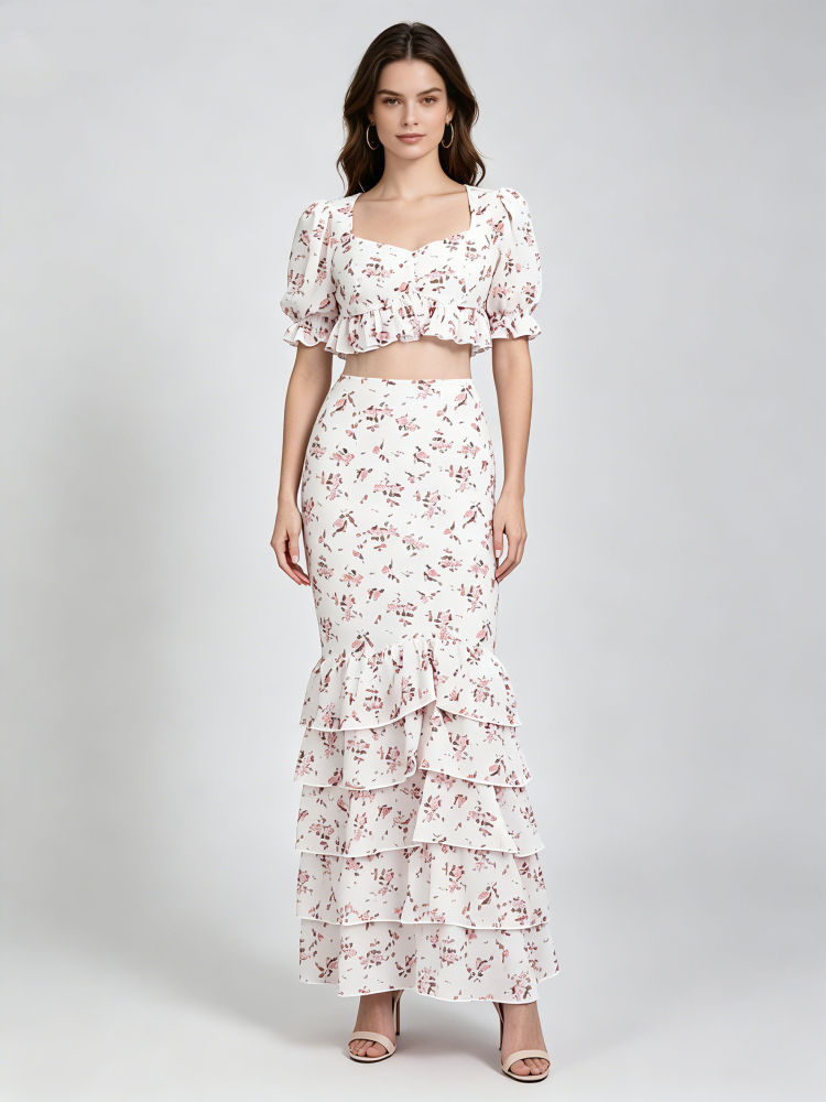 TWOTWINSTYLE Puff Sleeve Crop Top High Waist Spliced Ruffles Fashion Dress