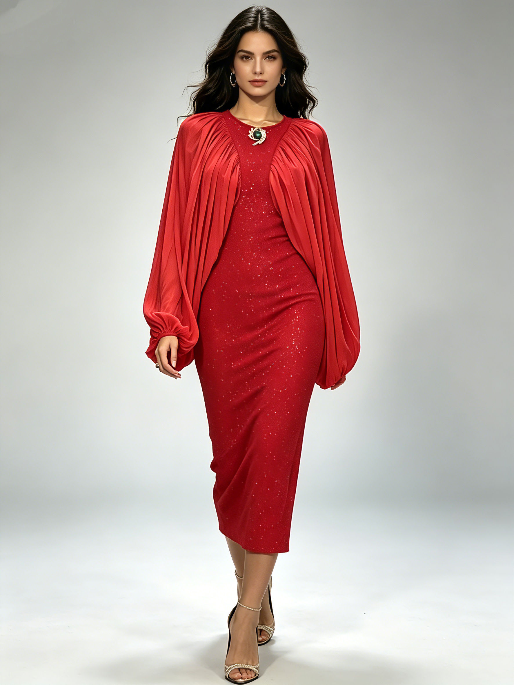 TWOTWINSTYLE Round Neck Spliced Sequins Pleated Chic Dress