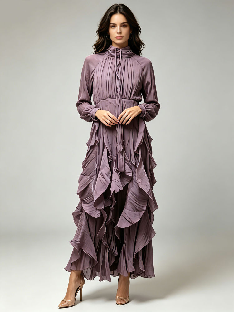 TWOTWINSTYLE Stand Collar Long Sleeve Spliced Ruffles Vintage Dress