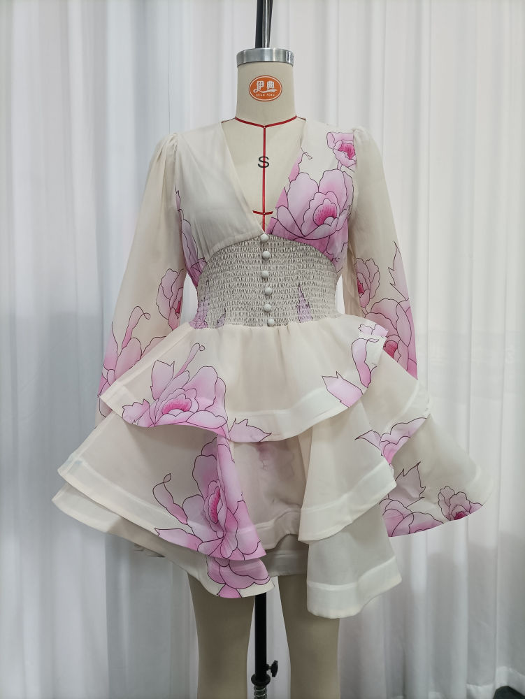 TWOTWINSTYLE Deep V Neck Long Sleeve Tunic Elegant Dress