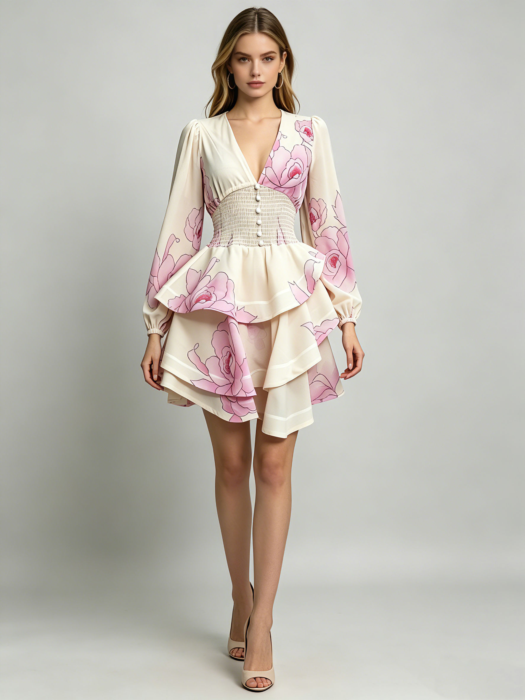 TWOTWINSTYLE Deep V Neck Long Sleeve Tunic Elegant Dress