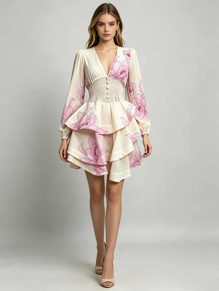 TWOTWINSTYLE Deep V Neck Long Sleeve Tunic Elegant Dress