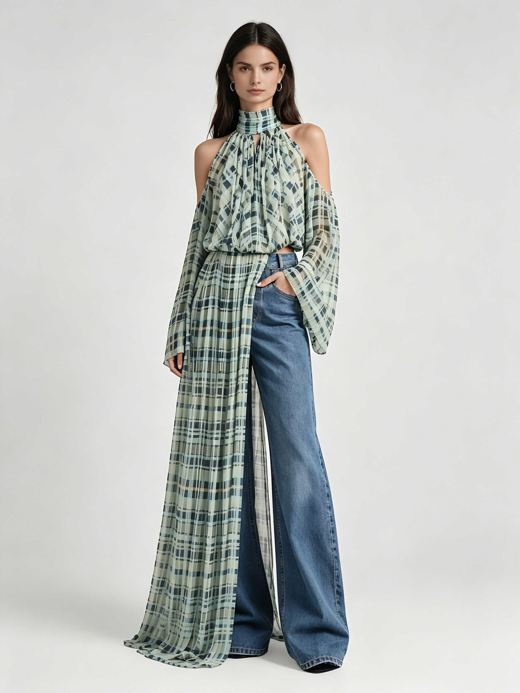 TWOTWINSTYLE Stand Collar Plaid Off Shoulder Irregular Hem Design Dress