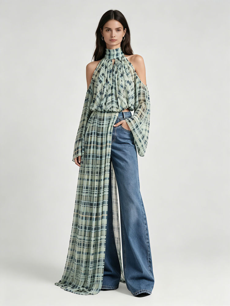 TWOTWINSTYLE Stand Collar Plaid Off Shoulder Irregular Hem Design Dress