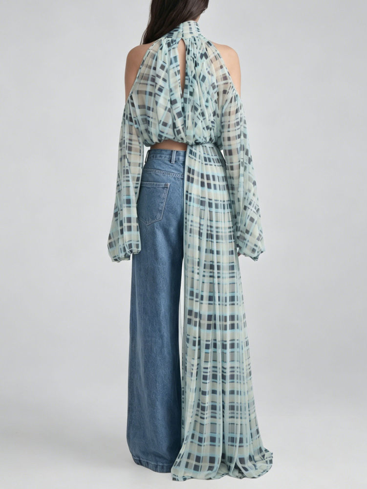 TWOTWINSTYLE Stand Collar Plaid Off Shoulder Irregular Hem Design Dress