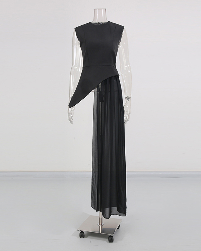TWOTWINSTYLE Vintage Sleeveless Asymmetrical Spliced Mesh Top