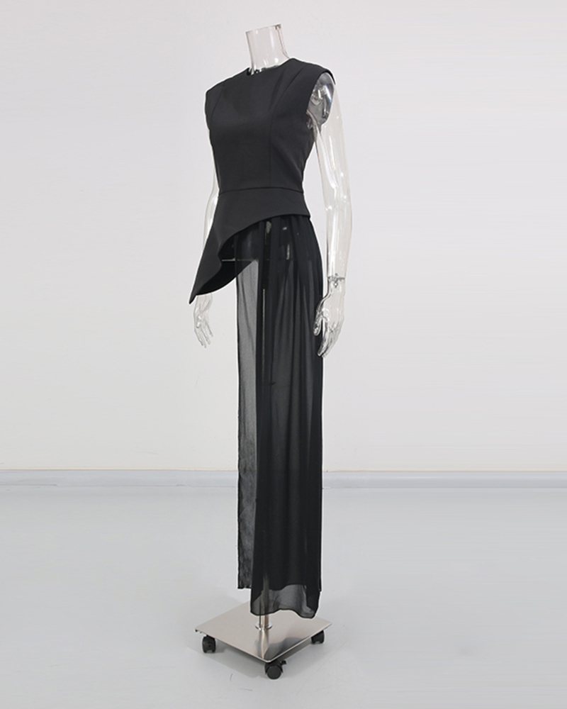 TWOTWINSTYLE Vintage Sleeveless Asymmetrical Spliced Mesh Top