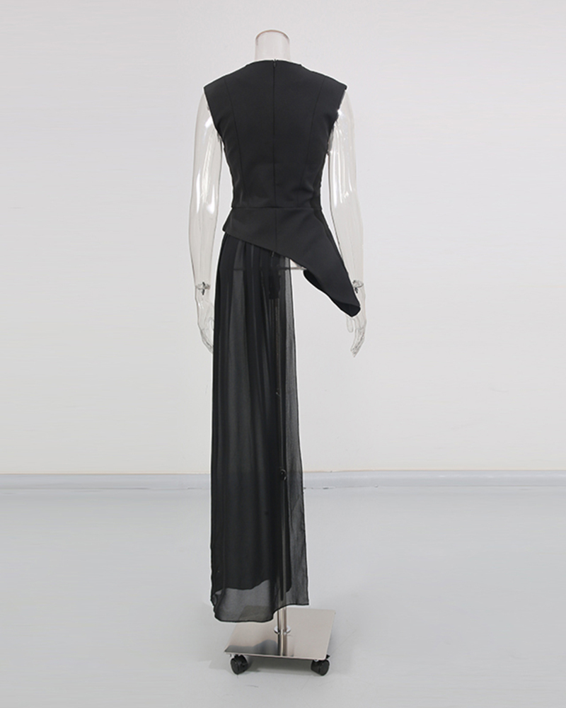 TWOTWINSTYLE Vintage Sleeveless Asymmetrical Spliced Mesh Top