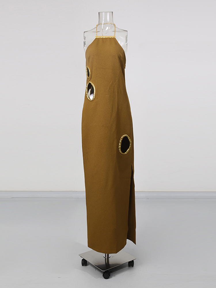 TWOTWINSTYLE Solid Backless Side Split Fashion Midi Dress
