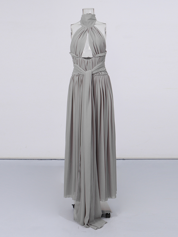 TWOTWINSTYLE Stand Collar Off Shoulder Hollow Out Ruched Vintage Dress