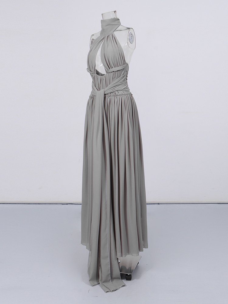 TWOTWINSTYLE Stand Collar Off Shoulder Hollow Out Ruched Vintage Dress
