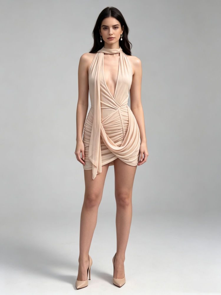 TWOTWINSTYLE Deep V Neck Tunic Pleated Fashion Dress