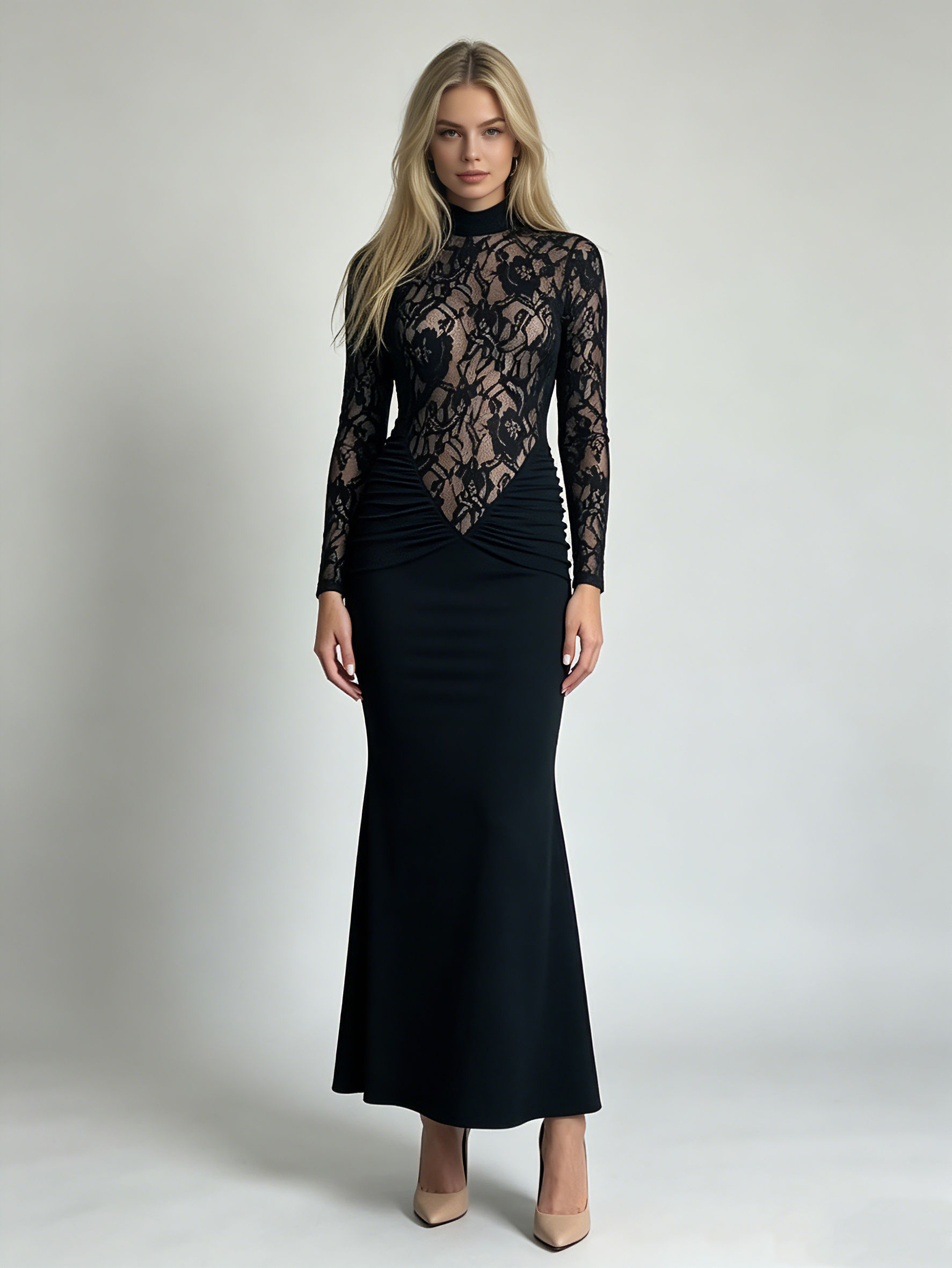 TWOTWINSTYLE Stand Collar Long Sleeve Lace Pleated Fashion Dress